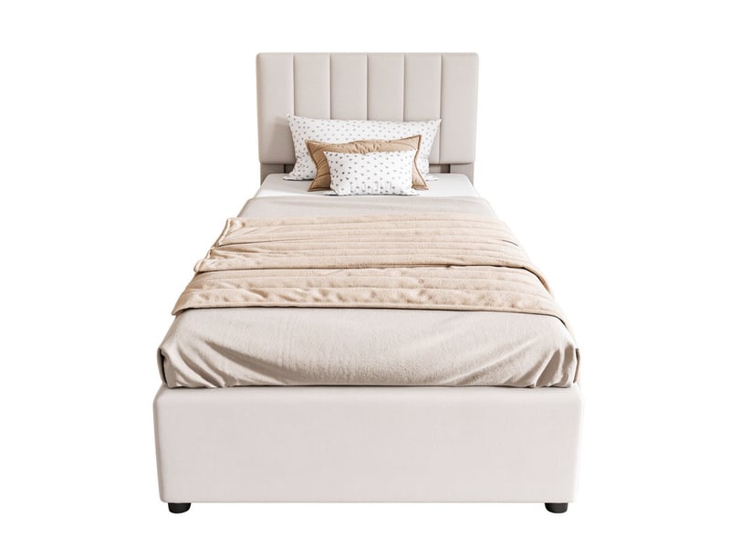  Lit simple coffre hydraulique 90x200 cm, cadre rembourré avec sommier à lattes, tissu lin beige, lit pour chambre d'enfant et adolescent  - Conforama A
