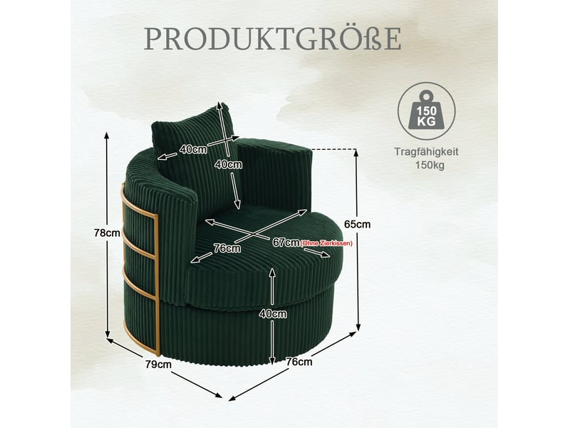  Fauteuil pivotant 360° avec coffre de rangement, assise profonde et accoudoirs rembourrés, en velours côtelé vert émeraude  - Conforama D