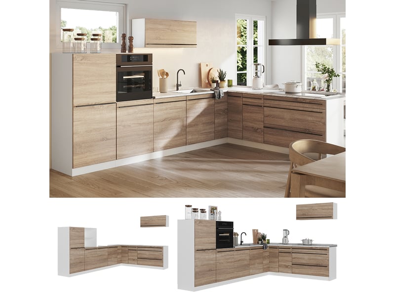  Vicco cuisine en angle, sonomablanc, 327 x cm plan de travail chêne doré  - Conforama D