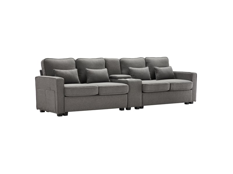  Canapé 4 places 290x83x88 cm avec console et usb, poches de rangement, bois et métal, gris foncé, design moderne  - Conforama A
