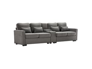 Canapé 4 places 290x83x88 cm avec console et usb, poches de rangement, bois et métal, gris foncé, design moderne