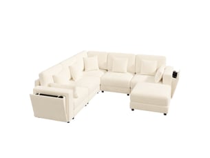 Canapé modulable 6 places d'angle en ul beige tissu chenille avec usbtype-c, rangement et porte-gobelet