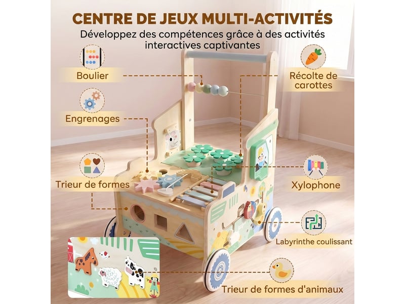  Chariot de marche en bois trotteur bébé multi-activités  - Conforama D