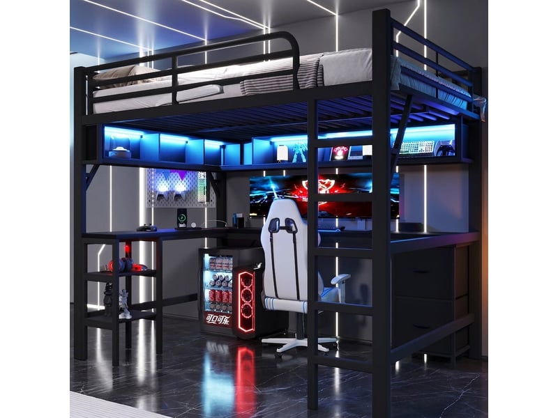  Lit mezzanine métal 140x200 avec bureau et étagère, led, usb, lit surélevé gain de place, noir  - Conforama B