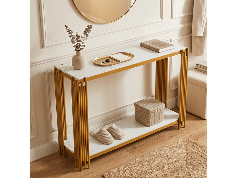  Console ulevr avec 2 niveaux de rangement, 123,5 x 33,5 x 80 cm, plateau mdf décor marbre blanc et structure métal doré  - Conforama D