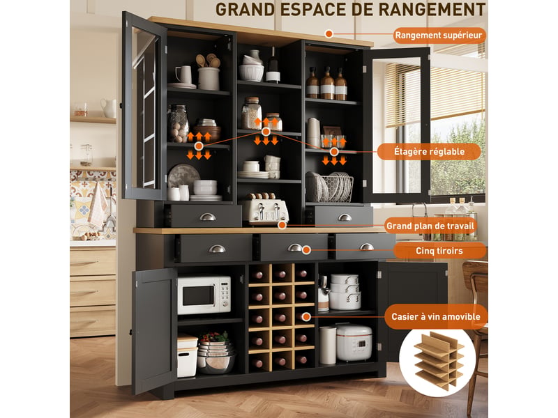  Meuble de cuisine muvano, armoire de cuisine avec porte vitrée, noir, 120 × 40 × 185 cm  - Conforama E