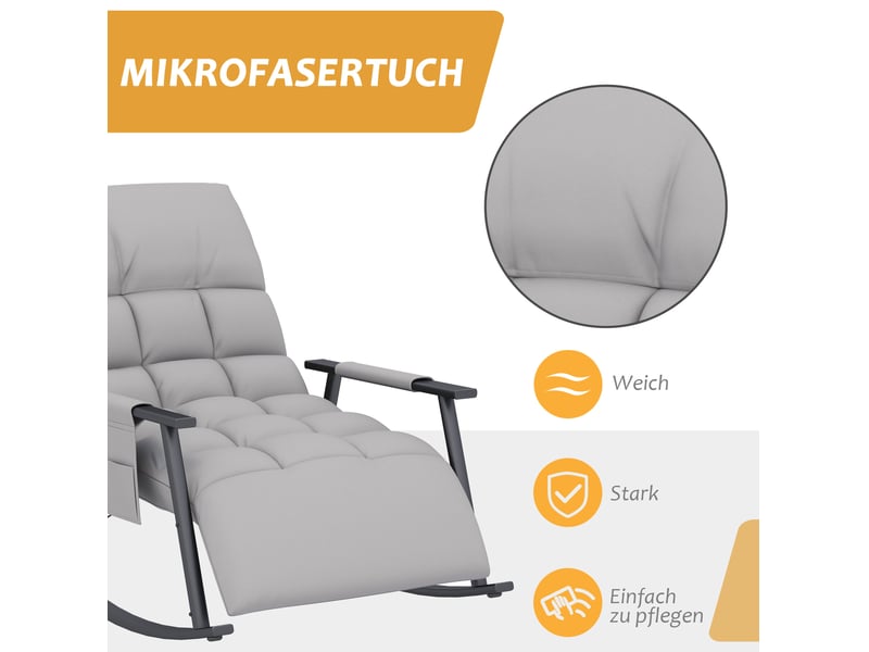  Fauteuil à bascule relax avec repose-pied, dossier réglable et poche latérale, en polyester gris  - Conforama D