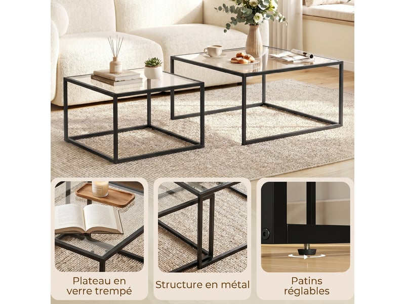  Lot de 2 tables basses gigognes, noir, table de salon avec plateau en verre trempé et structure en métal  - Conforama R