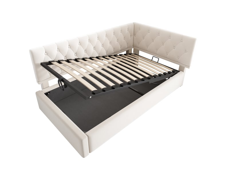  Modenvie lit banquette 90x200 cm - rangement hydraulique, tête de lit réversible, sans matelas - beige  - Conforama E