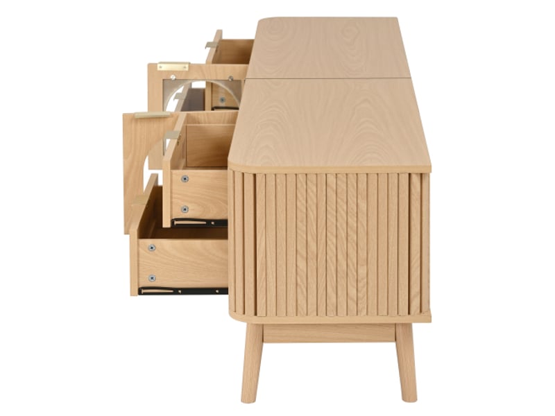  Meuble tv, portes en verre trempé courbé, led par app, rangement salon, panneaux et pieds bois massif, 4 tiroirs  - Conforama D