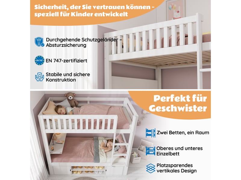 Lit superposé enfant 90×200 et 90×200 cm table rabattable et rangement - sans matelas, bois - blanc  - Conforama E