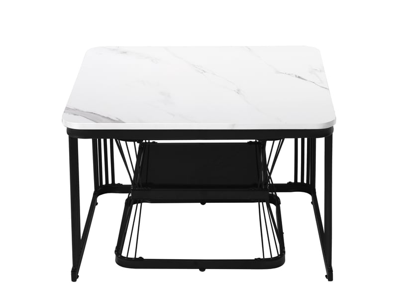  Lot de 2 tables basses gigognes 65x65 cm et 45x45 cm en mdf effet marbre blanc brillant avec pieds en acier noir mat  - Conforama E