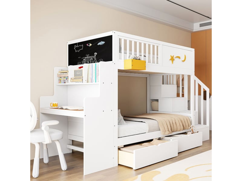  Lit superposé 90x200cm avec bureau et tiroirs - lit double - escalier de rangement, bois blanc massif  - Conforama B