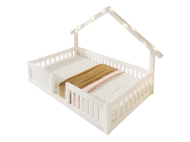  Lit cabane enfant 90 x 200 cm avec barrières de sécurité et guirlande led blanc  - Conforama A
