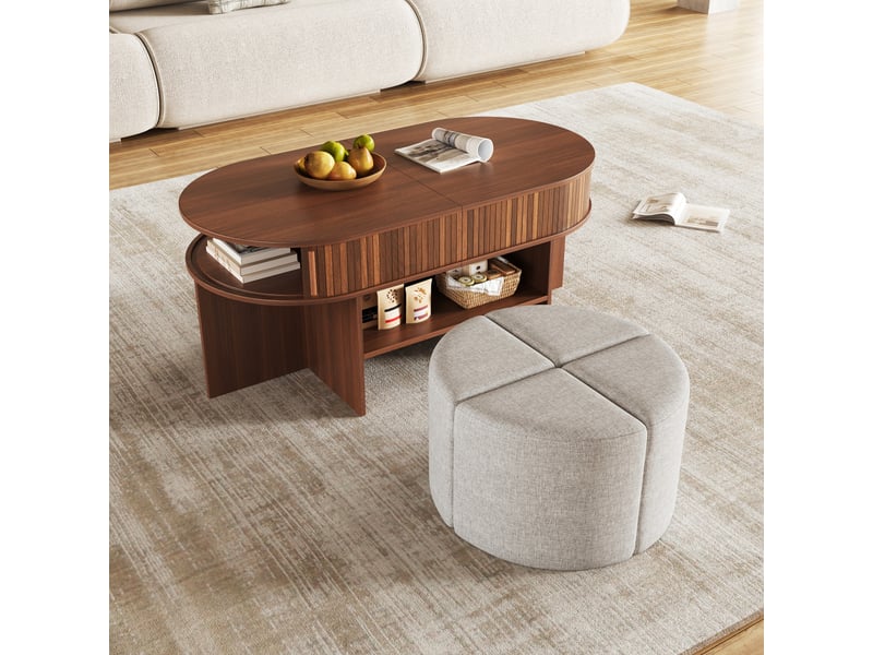  Table basse, avec rangement intégré, 120 x 60 x h 51,5 cm, noyer, structure en mdf, portes coulissantes, plateau ovale, façade rainurée, niche ouverte Luxe haut de gamme - Conforama E