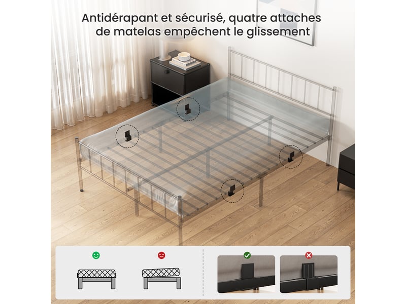  Lit 160x200 cm avec sommier à lattes métalliques, cadre de lit métallique robuste avec tête de lit, lit double, grand espace de rangement, montage facile, charge maximale 500 kg  - Conforama D