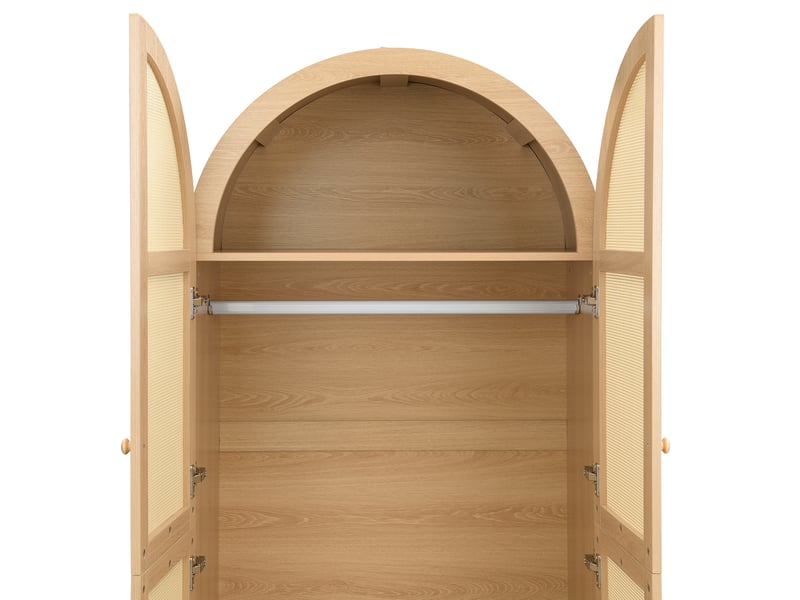  Armoire penderie grand volume 80x50x179 cm portes courbées rotin tringle tiroir pieds bois mdf pb naturel  - Conforama E
