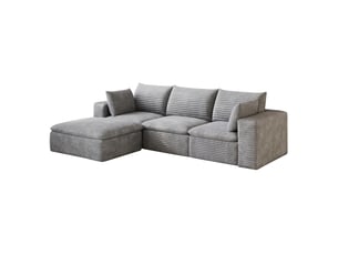 Canapé modulaire 4 places avec méridienne, coussins amovibles et soutien en mousse, en velours côtelé gris foncé