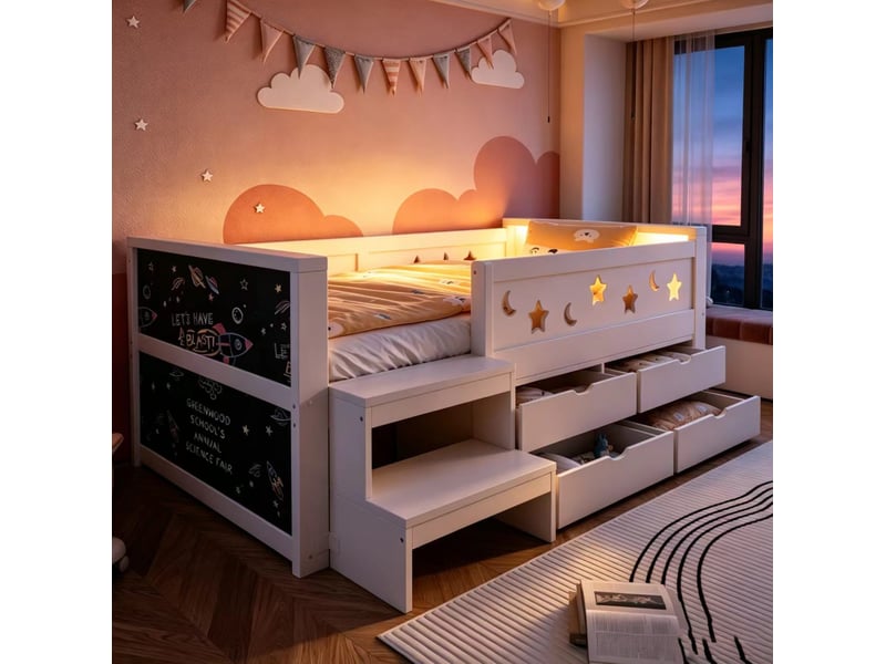  Lit pour enfant, 90x200 cm, avec barrières de sécurité, tiroirs, led, matelas non inclus, bois, coloris noir et blanc  - Conforama D
