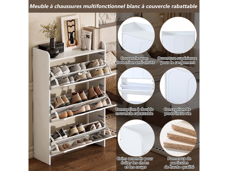  Lot de 2 meubles à chaussures 6 portes abattantes mdf blanc 140 x 25 x 120 cm  - Conforama D