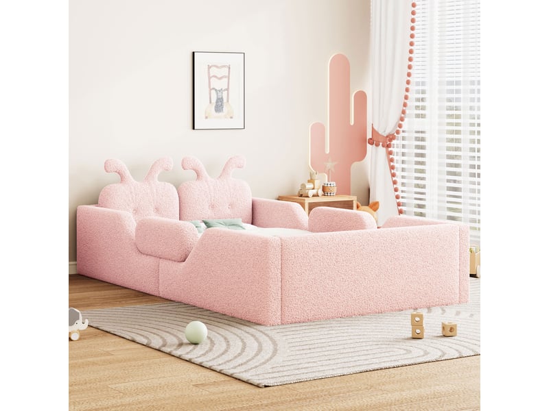 Lit enfant rembourré 90x200cm avec tête de lit oreilles de lapin, barrières de sécurité et cadre capitonné, mdf et contreplaqué - rose - Conforama E