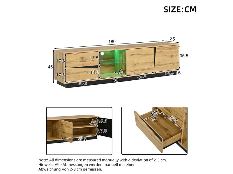  Meuble tv 180x35x45 cm mdf naturel et noir avec led, 2 tiroirs et 2 portes  - Conforama C