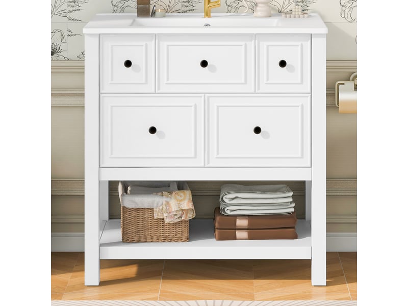  Meuble vasque salle de bain blanc 76 cm avec lavabo céramique intégré, 5 tiroirs et étagères ouvertes  - Conforama B