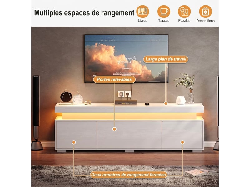  Meuble tv blanc brillant 150 cm avec led, 3 portes, panneau de particules, charge 60 kg  - Conforama D