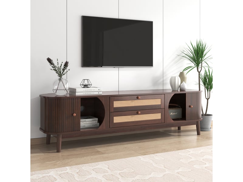  Meuble tv, bois naturel, 2 tiroirs, portes coulissantes, style champêtre, design moderne et élégant pour salon  - Conforama E