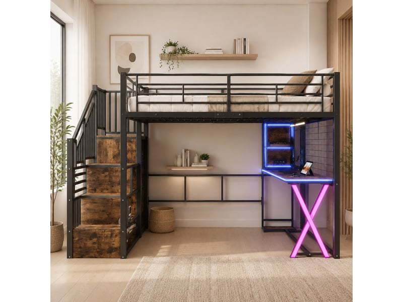 Lit mezzanine double 140×200 cm avec bureau, armoire, étagères et led - sans matelas, métal et mdf - noir - Conforama C