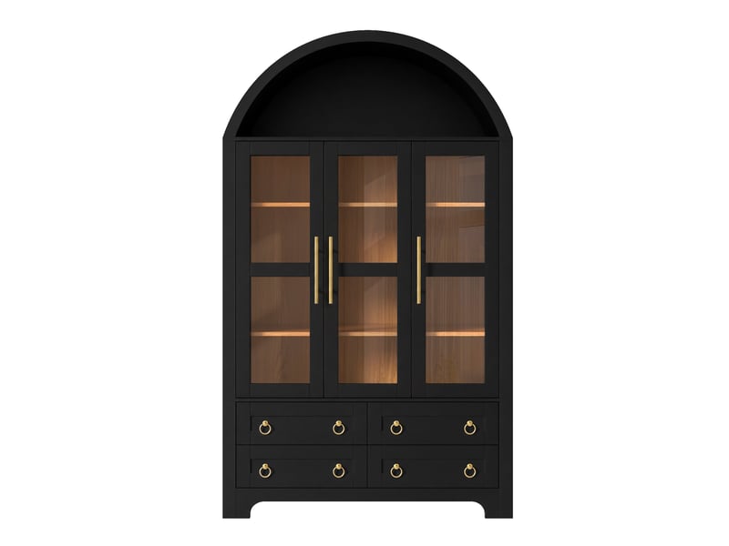  Vitrine style vintage à arche, 110 x 40 x 185 cm, avec 3 portes, 4 tiroirs et une niche ouverte en forme d'arche, coloris noir  - Conforama A