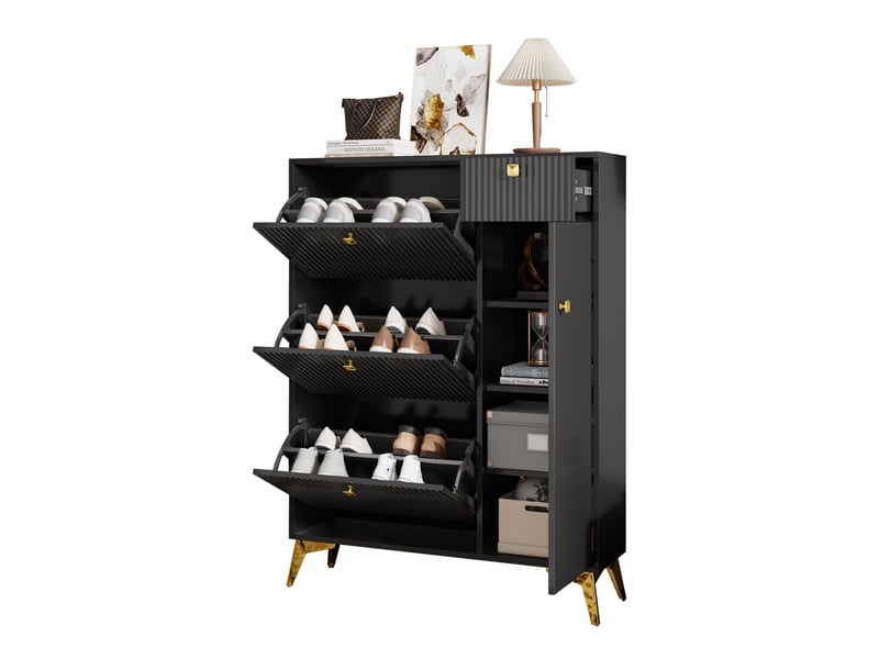  Meuble à chaussures 90 x 25 x 121 cm – 3 tiroir à couvercle rabattable, 1 tiroirs coulissants et 1 porte d'armoire - mdf - noir  - Conforama A