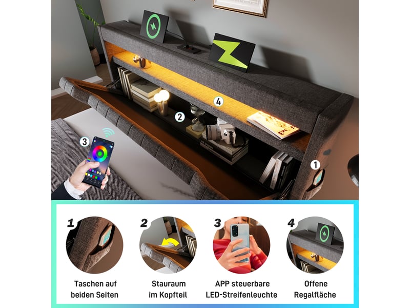 Lit coffre rembourré 140x200 cm avec rangement hydraulique, tête de lit avec rangement, 3 usb et usb-c, led tête et pied, lin - gris - Conforama C