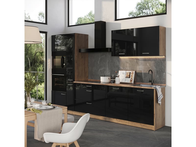  Vicco cuisine, noir haute brillancechêne doré, 310cm plan de travail anthracite  - Conforama C
