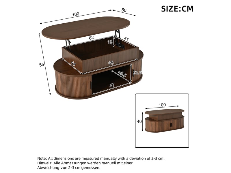  Table basse relevable 100x50x40 cm avec rangement, décor noyer  - Conforama C
