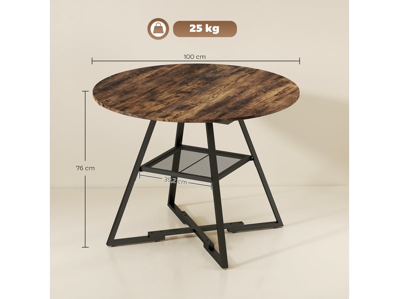  Table de salle à manger ronde pour 4 personnes avec étagère, structure en métal, pour salon, ø100 x 76 cm, marron rustique  - Conforama E