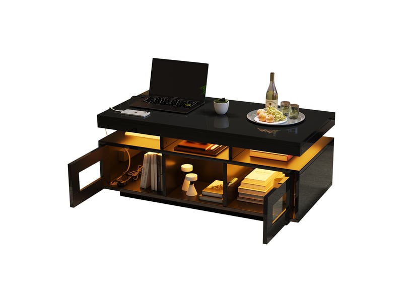  Table basse noire brillante avec led rgb - prises usb rangement 100x50x43cm  - Conforama A
