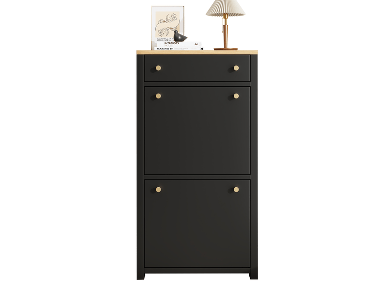  Petit meuble à chaussures 50x25x95 cm, design plat pour couloir étroit, 1 tiroir et 2 portes abattantes, capacité ajustable, idéal petits espaces, mdf noir  - Conforama A