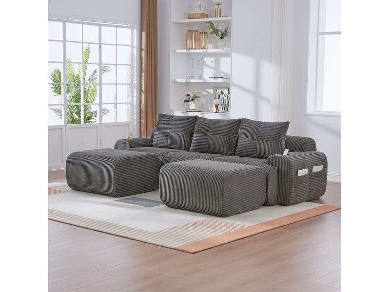 Canapé modulable 3 places en velours côtelé gris foncé avec 2 poufs - Conforama B