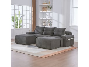 Canapé modulable 3 places en velours côtelé gris foncé avec 2 poufs