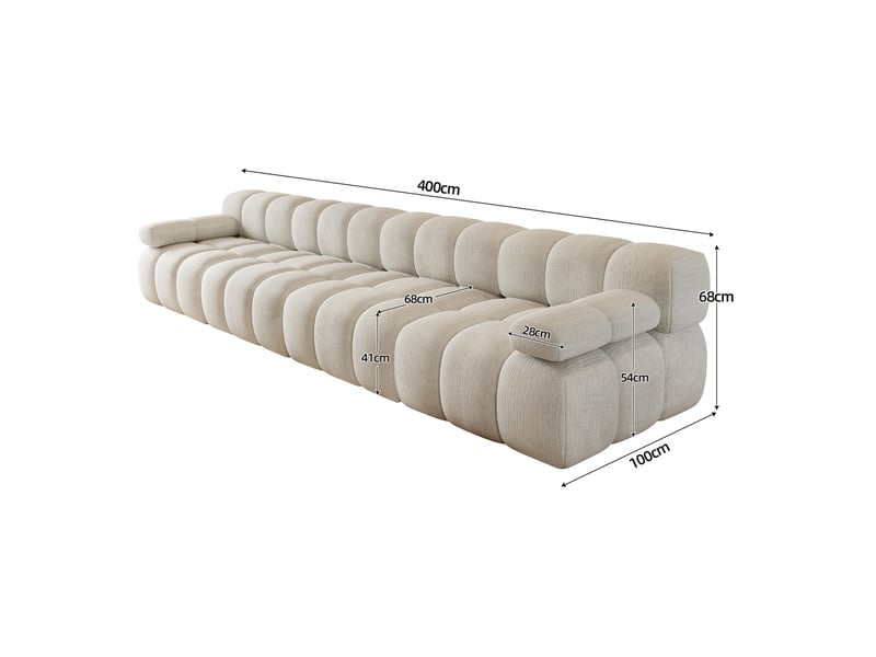  Canapé droit compressé 4 places 400x100x68 cm en mousse douce et tissu chenille couleur blanc, moderne  - Conforama C