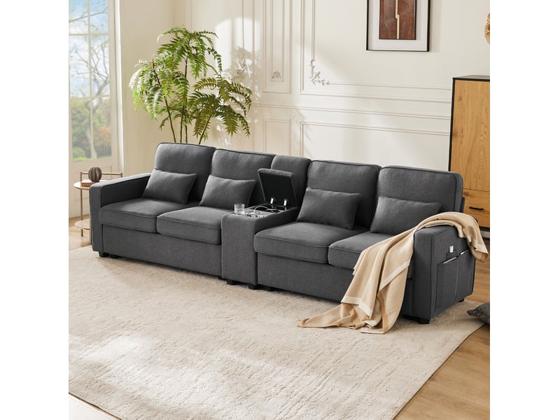 Canapé droit 4 places avec console, 2 ports usb, 2 porte-gobelets, poches et 4 coussins en polyester gris foncé  - Conforama D
