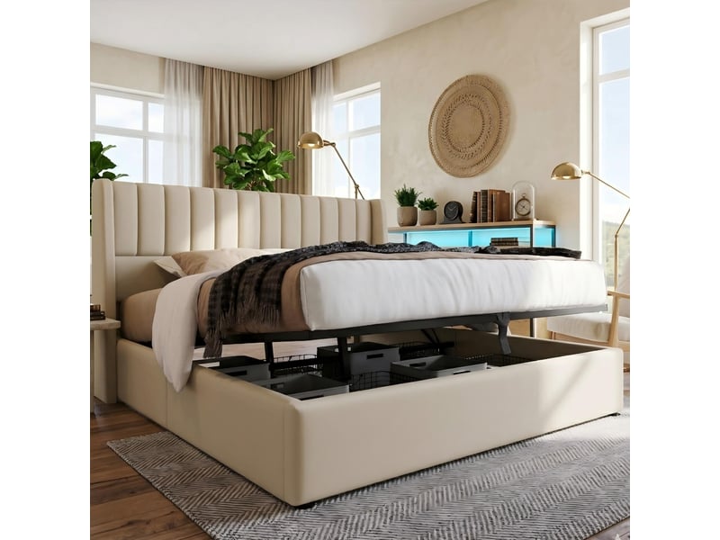  Lit 160x200 cm - lit coffre double adulte avec rangement hydraulique - lit rembourré tapissé 2 personnes - sommier à lattes en bois et tête de lit capitonné - cadre de lit moderne - structure de lit ado -lit queen - 2 place - li…  - Conforama B