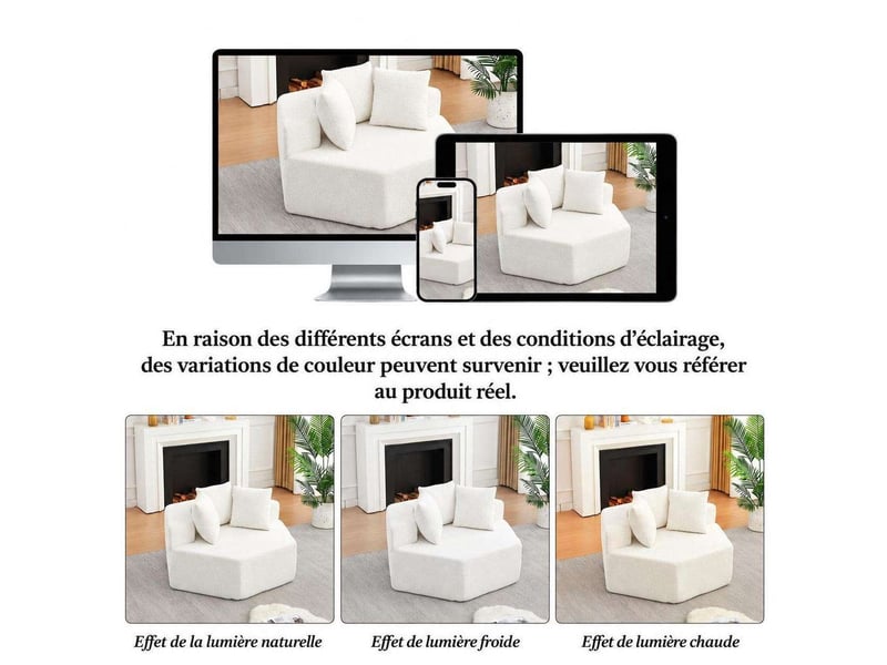  Fauteuil individuel hexagonal style moderne en tissu chenille bouclé – chauffeuse modulaire et combinable avec 3 coussins inclus pour salon et chambre – beige  - Conforama C