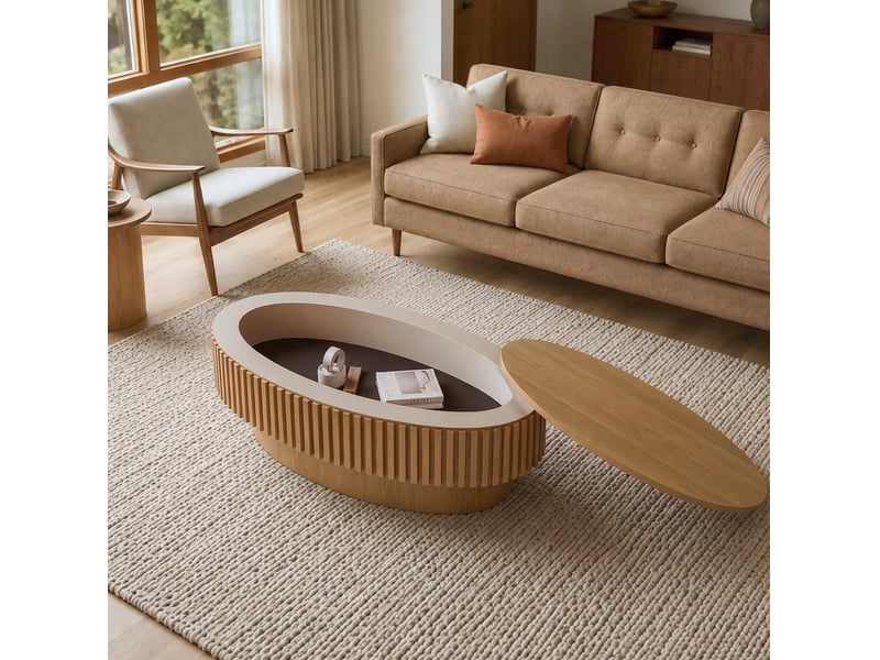  Table basse ovale cannelée 105.0x25.0x67.0 cm avec rangement caché en bois et mdf coloris naturel  - Conforama C