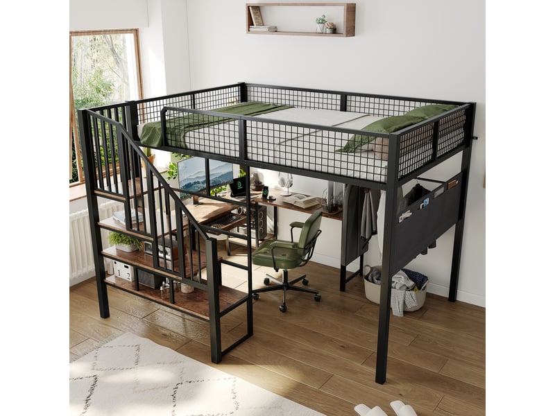  Lit mezzanine double 140×200 cm avec bureau d’angle, escalier et port de charge - okmyhome- sans matelas, noir vintage  - Conforama C