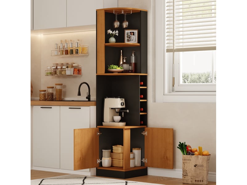 Meuble d’angle bar à vin 40x40x182 cm haut, mdf noir, avec support à verres, rangements et placard  - Conforama D