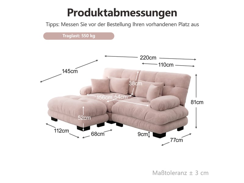 Canapé d’angle modulable 220x145x81 cm, accoudoirs spacieux et pouf, 2 coussins décoratifs, avec 2 coussins lombaires, chenille, rose - Conforama C
