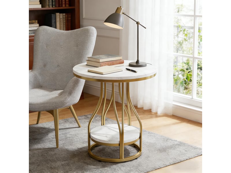 Table d'appoint ronde à 2 niveaux en métal et effet marbre blanc et doré ø50x60 cm - Conforama B
