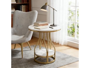 Table d'appoint ronde à 2 niveaux en métal et effet marbre blanc et doré ø50x60 cm
